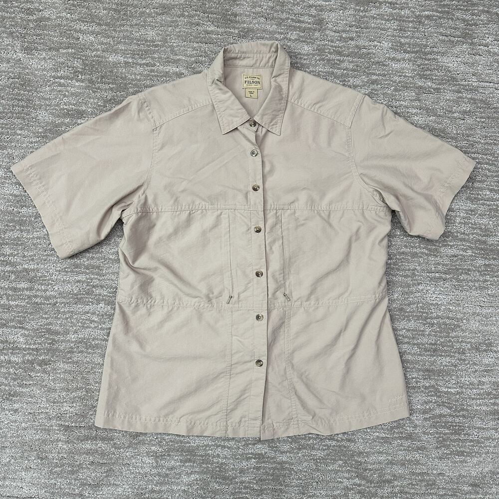 Filson Shirt Womens Large Beige Short Sleeve Outdoor Hiking Fishing Pockets
